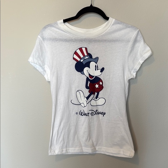 Disney Other - Vintage Walt Disney Patriotic Mickey White T-Shirt Youth Large Glitter USA